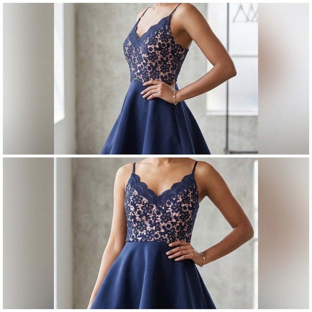 B. Darlin Mini Dress Womens 5/6 Navy Blue Lace Overlay Spaghetti Strap Stretch